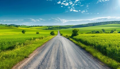 Obraz premium A winding country road stretches through a picturesque green field under a bright blue sky.