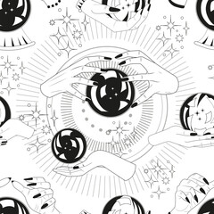 Seamless pattern with hands of fortune teller, magic crystal ball and mystical symbols. Tattoo, poster or altar print design concept; esoteric, wicca and gothic background