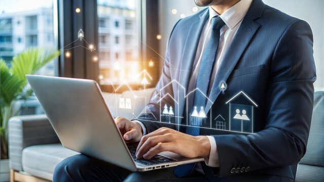 REIT, Real estate investment trust concept. Businessman use laptop with virtual reit icons for real estate management that generates continuous income