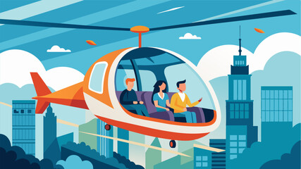 Passengers enjoy birds eye views of the city below as their air taxi hovers between the platforms giving them an unparalleled sense of freedom.. Vector illustration