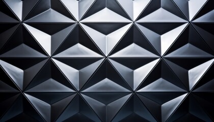 Abstract geometric pattern of silver triangles on a black background.  The texture creates a sense of depth and dimension.