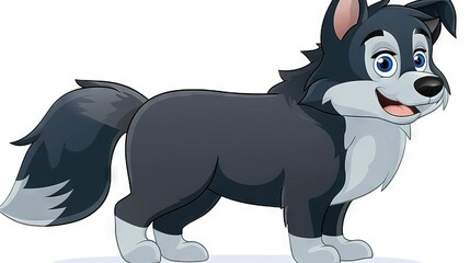   A monochrome dog with striking blue eyes and a gray tail stands confidently against a pristine backdrop, gazing directly into the lens