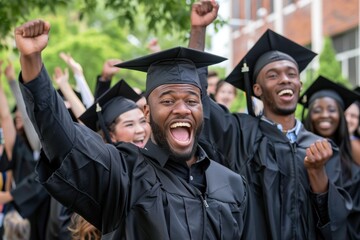 Multiethnic graduates in black caps and gowns, celebrating by lifting their diplomas and shouting with joy, having fun