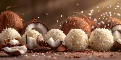 Portions of white chocolate coconut candy balls in raw cracked coconut