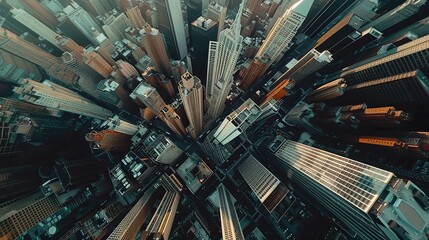 Aerial view of a dense cityscape with towering skyscrapers.  The photo captures the bustling energy of a modern metropolis.