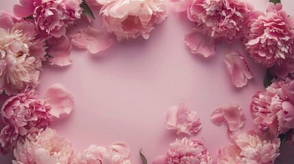 A delicate flat lay arrangement showcasing a border of lush flowers on a solid surface, providing a charming and romantic setting ideal for greeting cards, invitations, and social media posts.