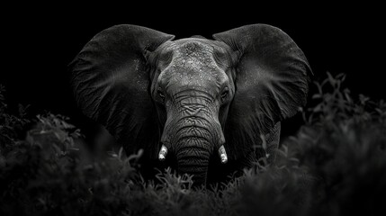   A monochrome image of an elephant with tusks on its ears