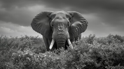  A monochrome image of an elephant with tusks on its ears