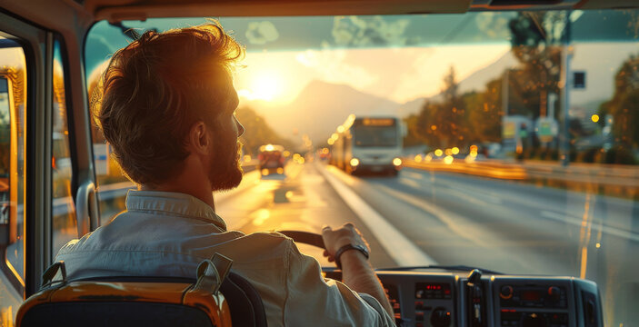 Male bus driver, sitting in his bus, steering, view from behind his shoulder through the front window of the bus, evening sun. Generative AI.
