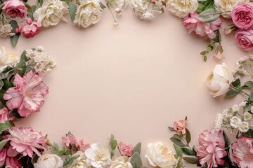A delicate flat lay arrangement showcasing a border of lush flowers on a solid surface, providing a charming and romantic setting ideal for greeting cards, invitations, and social media posts.