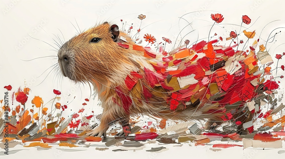 Wall mural a painting of a guinea pig surrounded by red, orange, and yellow leaves on its body and head - Wall murals