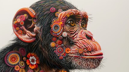   A monkey's face with a pattern in close-up, set against a white backdrop