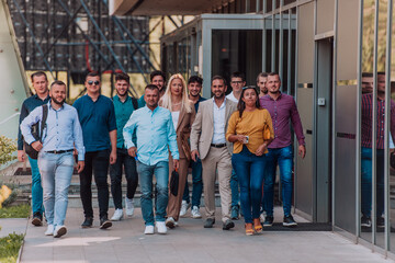 A diverse group of businessmen and colleagues walking together by their workplace, showcasing...