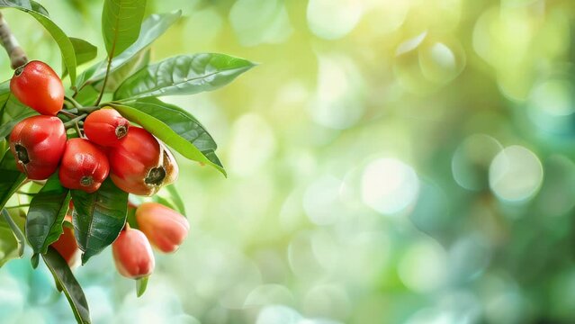 Bright cashew fruit cluster on tree with lush green leaves and blurred background