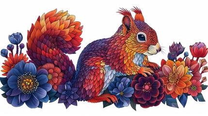   A squirrel surrounded by vibrant flowers and leaves on a white canvas