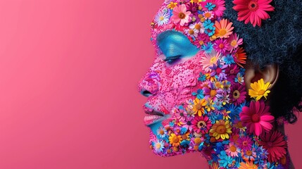   A close-up of a person with flowers on their face against a pink backdrop adorned with various flowers