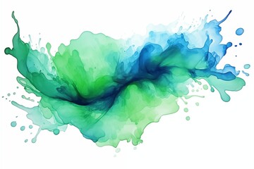 Abstract watercolor splash in shades of green and blue, isolated on white background, highlighting ecological friendly theme 