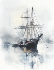 Landscape oil painting features battleship sail boat in the sea ocean, moody vintage classic wall art, background, wallpaper 