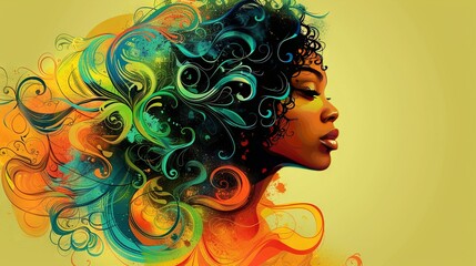   Digital painting of a woman's face with vibrant swirls on one side and flowing hair in the wind