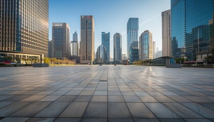 Empty plaza in front of a modern city skyline at sunrise.