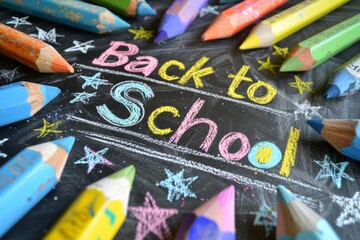 Back to school background with sketch and school supplies over chalkboard