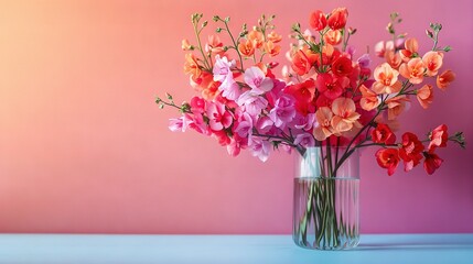   A vase brimming with pink and red blossoms perched atop a azure-pink table, adjacent to a pink-hued wall