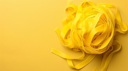  A tight shot of yellow pasta noodles against a yellow backdrop One noodle bears a solitary drop of water at its peak, while beneath, noodles rest on