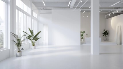 A pristine white studio space with minimalist decor and soft lighting, providing an ideal environment for creative work and artistic expression.