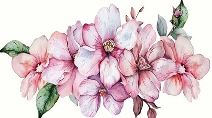   Watercolor illustration of pink flowers and green foliage above and below
