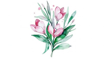  Pink flowers & green leaves on white background with pink paint on petals