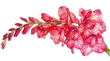   A watercolor painting of a pink flower on a green stem with water droplets on the petals