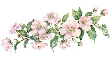   Watercolor painting of pink flowers and green leaves on white canvas