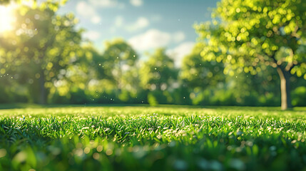 Fototapeta premium Beautiful blurred background of natural green grass and trees on the lawn under a blue sky with clouds.