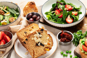 Summer table with various food.