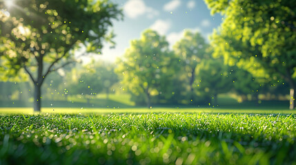 Fototapeta premium Beautiful blurred background of natural green grass and trees on the lawn under a blue sky with clouds.