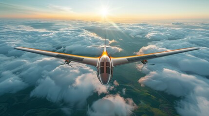 A futuristic airplane with solar panels on wings gliding over vast green landscapes, cloudless sky, sustainable aviation concept