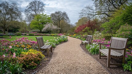 A gravel path winding through a peaceful spring park, with benches and blooming flowers on either side, beneath a lightly cloudy sky