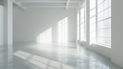 Fototapeta premium An empty white room with ample natural light and sleek architectural details, presenting a blank canvas for creative exploration and conceptual photography.