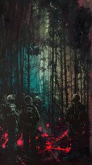 Fototapeta premium Haunting Sci-Fi Forest Landscape with Mysterious Figures in Dystopian Atmosphere
