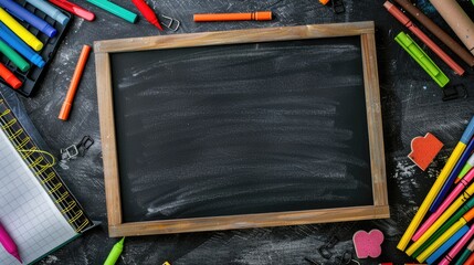 Frame of school supplies including crayons, glue sticks, sticky notes, and chalk, laid out in a flat lay style around a blackboard with ample room for text or design in the center.