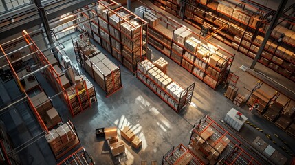 Aerial perspective of a warehouse section dedicated to dangerous goods, featuring secure shelving, ventilation systems, and warning labels