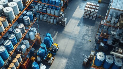 Aerial perspective of a warehouse section dedicated to dangerous goods, featuring secure shelving, ventilation systems, and warning labels