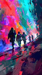 Intrepid Explorers Venture into a Vibrant Dystopian Cityscape