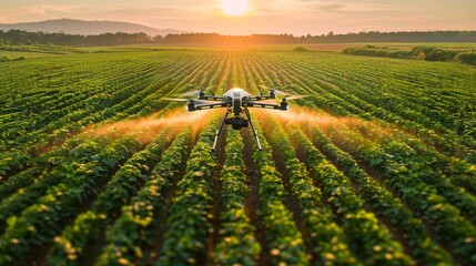 Aerial view of a drone with spraying nozzles in action over a neatly planted green field, clear sky backdrop