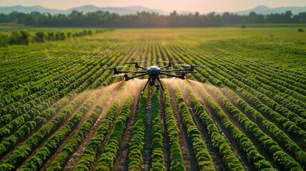 Aerial view of a drone with spraying nozzles in action over a neatly planted green field, clear sky backdrop