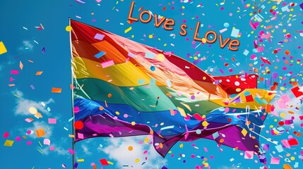 Celebrating LGBTQ+ Pride Month 2024: a large, flowing rainbow flag against a bright sky-blue background with colorful confetti and streamers, symbolizing pride, diversity, and celebration.