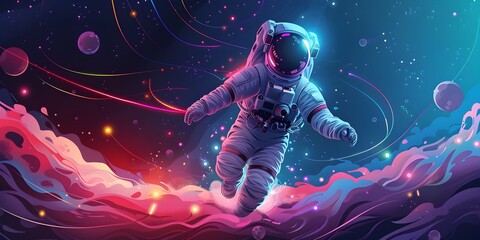 Fototapeta premium Adept Space Traveler Navigating a Cosmic Field of Luminous Comets in a Surreal Futuristic Landscape