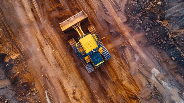 Aerial view of a bulldozer with a large bucket shaping the landscape, construction machinery in operation, earthworks project