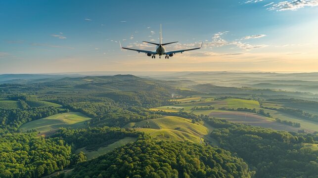 Airplane using biofuel soaring above a verdant countryside, seamless blue sky, highlighting sustainable aviation fuel