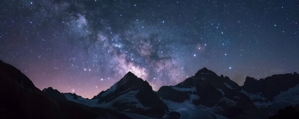 Starry night sky over a mountain range.